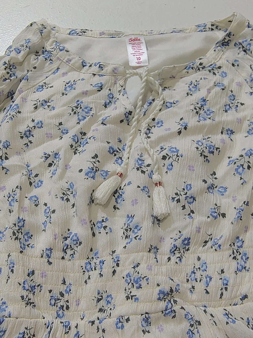 Justice Cream Dress with Blue and Lilac Floral Print 100% Viscose Size 10
